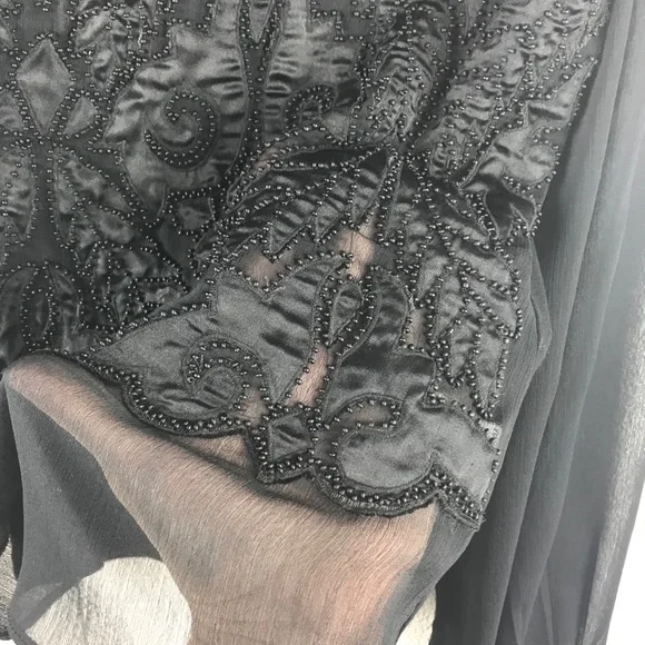 Yoana Baraschi l S Black Long Sheer Silk Chiffon Sleeves Quilted Beaded Blouse